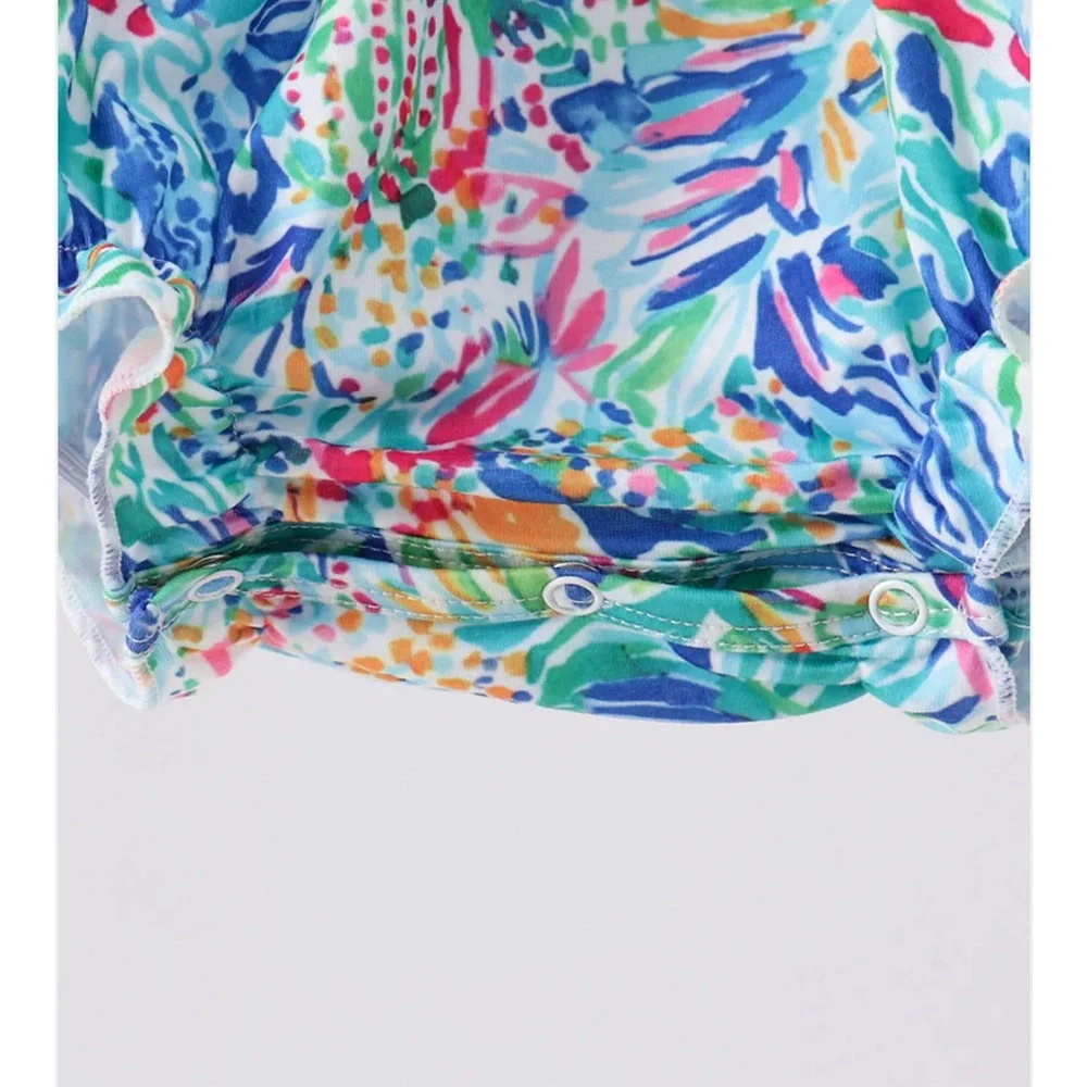 Tropical Floral Ruffle-Sleeve Baby Bubble Romper - Blue/Multicolor Girls 12M NWT